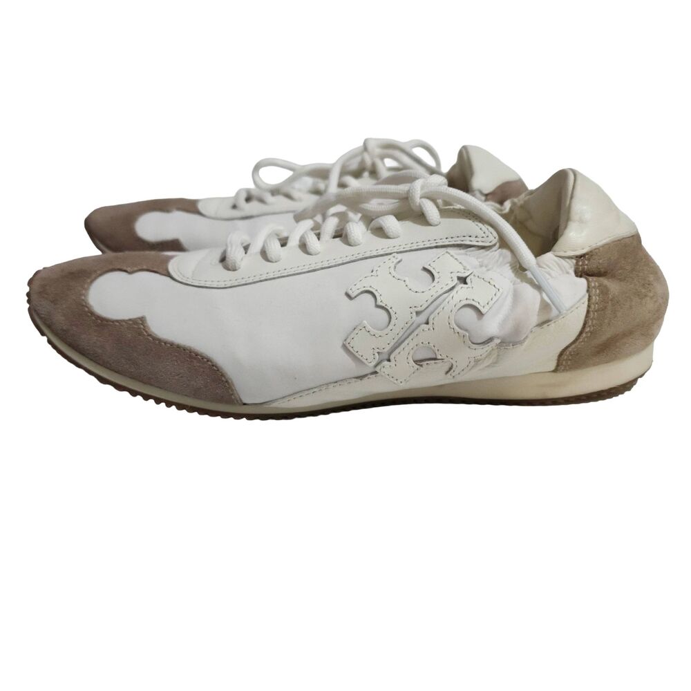 Tory Burch Bicolor Mixed Leather Trainer Sneakers White Beige 75098 Size 7.5M